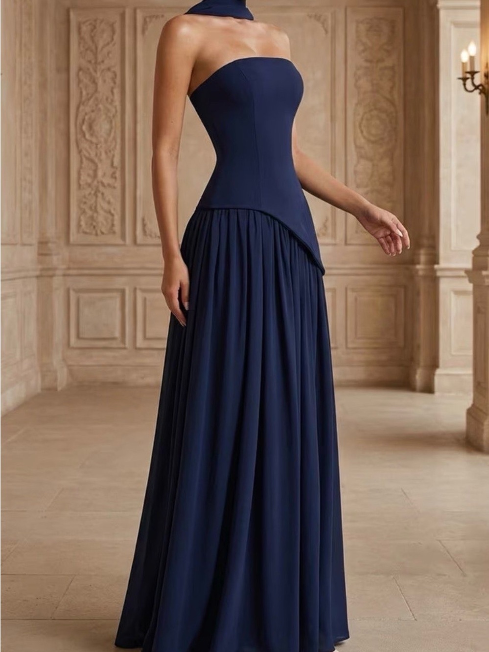 Strapless Navy Blue Evening Gown